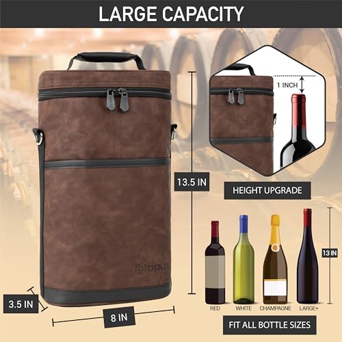opux 2 Bottle Wine Carrier Tote, Insulated Leakproof Wine Cooler Bag, Wine Travel Bag for Picnic BYOB Beach, Portable Wine Bottle Carrying Case, Gift for Wine Lover Women Men Christmas, Brown Leather - color: Rustic Brown