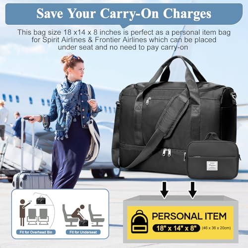 Travel Duffel Bag, Carry-on Overnight Weekender Bags with Shoes Compartment | For Spirit Airlines 18x14x8 Personal Item Bag,Wet Pocket,3 Pcs Set,Small - color: Black 3Pcs Set, size: Small