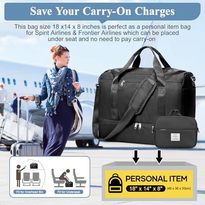 Travel Duffel Bag, Carry-on Overnight Weekender Bags with Shoes Compartment | For Spirit Airlines 18x14x8 Personal Item Bag,Wet Pocket,3 Pcs Set,Small - color: Black 3Pcs Set, size: Small