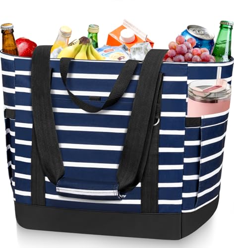 HUANLANG Soft Cooler Bag Insulated for Travel,Large Insulated Grocery Bags with Zippered Top,PEVA Collapsible Food Delivery Cooler Bag for Beach, Travel, Picnics - color: Dark Blue and White