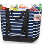 HUANLANG Soft Cooler Bag Insulated for Travel,Large Insulated Grocery Bags with Zippered Top,PEVA Collapsible Food Delivery Cooler Bag for Beach, Travel, Picnics - color: Dark Blue and White