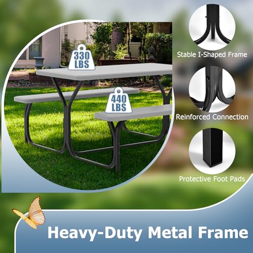 GYMAX Picnic Table, Picnic Bench Easy to Assemble w/All Weather Wood Grain Tabletop & Metal Frame, Picnic Tables for Outdoors Camping Backyard Deck Patio Poolside Dining Party - color: Grey