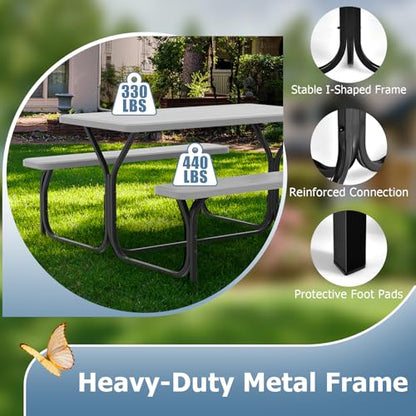 GYMAX Picnic Table, Picnic Bench Easy to Assemble w/All Weather Wood Grain Tabletop & Metal Frame, Picnic Tables for Outdoors Camping Backyard Deck Patio Poolside Dining Party - color: Grey