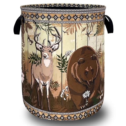 Funny Laundry Basket Oxford Cloth Forest Animal Bear and Deer Laundry Hamper With Handle Foldable Portable Clothes Storage Basket Colorful Laundry Bag 18.9"x16.5" For Laundry Room/Bedroom/Bathrooms - color: Boho Forest Bear and Deer in Wooden