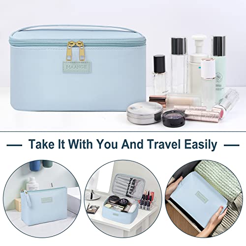MAANGE Makeup Bag Large Cosmetic Bag with 2pcs Small Makeup Bags Portable Leather Travel Makeup Bag Set Toiletry Bag Make Up Bags for Women and Girls (Blue) - color: Blue