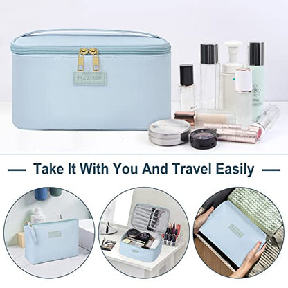 MAANGE Makeup Bag Large Cosmetic Bag with 2pcs Small Makeup Bags Portable Leather Travel Makeup Bag Set Toiletry Bag Make Up Bags for Women and Girls (Blue) - color: Blue