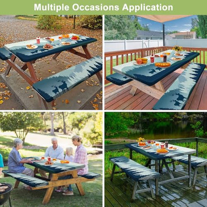 Picnic Table Cover with Bench Covers 6FT 3 Pcs Waterproof Windproof Aesthetic Camping Tablecloth with Drawstring Bag, Fitted for 6 Foot Rectangle Tables and Seats, 72 inch, Blue Deer Forest - color: Blue Deer Forest