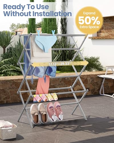 APEXCHASER Oversize Clothes Drying Rack, 3-Tier Drying Rack Clothing, Expandable Metal Laundry Drying Rack, Air Drying Rack, Clothes Rack, No Install, 24lb Capacity, 14.9" D x 29.3" W x 39.3" H, Grey - color: Gray