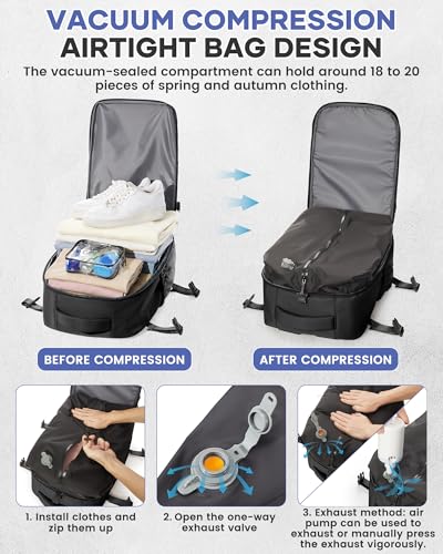 BOXSAM Large Vacuum Travel Backpack with Pump for Women, Personal Item Carry on Backpacks Flight Approved 18x14x8 inches for Men,Laptop Waterproof Work Compression bags Casual Daypack,Black - color: Black