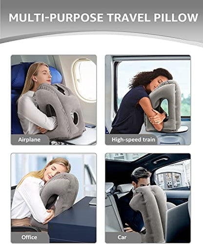 Inflatable Travel Pillow - Multifunctional Travel Pillow for Adult Chin Supporting Travel Neck Pillow Airplane Sleeper Office Napping Pillow with Eye Mask, Earplugs and Portable Bag
