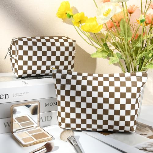 SOIDRAM 2 Pcs Checkered Makeup Bag Large Cosmetic Bag Toiletry Bag Makeup Pouch Travel Bag Organizer Cute Makeup Brushes Aesthetic Accessories Storage Bag for Women Coffee Brown - color: Coffee Brown