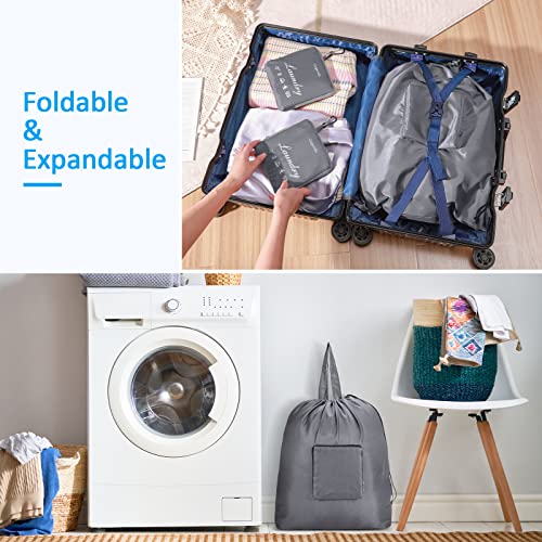 GOGOODA Travel Laundry Bags with Drawstring Closure XL Large Foldable Dirty Clothes bags with Handle Heavy Duty and Washable for College Dorm Travelling Camping, 2 Pack, Black & Dark Blue - color: Black & Dark Blue