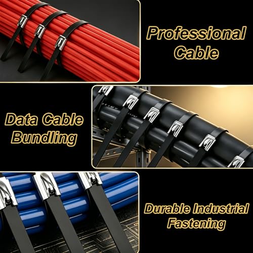 500 PCS 11.8 Inch Black Galvanized Steel Cable Ties Kit with Cable Tie Gun, Screwdriver and Protective Gloves, Heavy Duty 304 Metal Zip Ties Complete Tool Set for Industrial, Automotive, Fence Use - color: Black, size: 500PCS 1.81x11.8 Inch