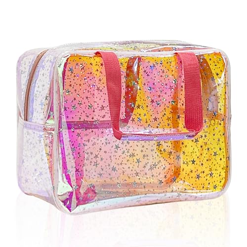 TPU Holographic Pink Clear Star Large Cosmetic Bag and Travel Pouch with Handle,Durable TPU Material,Zipper Design-Ideal for Makeup,Travel Essentials (Holographic pink) - color: Holographic pink