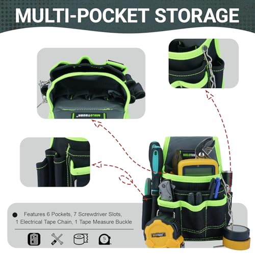 MELOTOUGH Electrician Tool Pouch Tool Belt Pouches Multiple Pockets Tool Organizer for Technician, Maintenance, HVAC - color: Lime, size: Small Electrician Pouch