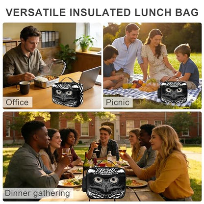 Black Owl Lunch Bag Insulated Reusable Lunch Box Cooler Thermal Tote Bag For Teenage Boys Girls School Beach - color: Black Owl