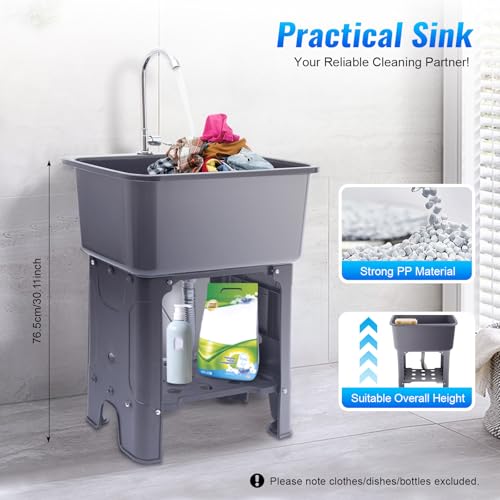 Utility Sink Laundry Tub Freestanding Utility Sink with Faucet & Washboard & Inlet+Drain Pipe Laundry Sink with Storage Shelf Outdoor Sink for Laundry Room, Basement, Garage - color: Gray, 23.6 x 15.7 x 30.1in