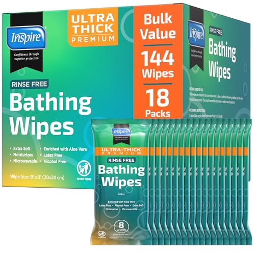 Inspire Ultra Thick Rinse Free Body Wipes, Bathing Wipes, Rinse Free Wet Wipes, Thick Strong Extra Large With Aloe Vera Enriched - style: Ultra Thick Value Pack - 18 Packs Of 8