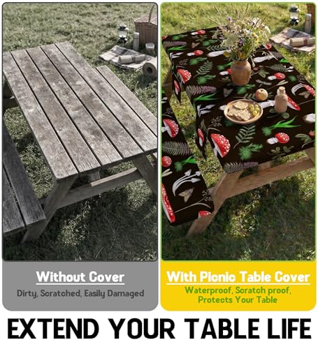 Fitted Picnic Table Cover with Bench Covers Vinyl Waterproof Elastic Edges Fitted Rectangle Table Cloth Patio Tablecloth Camping Essentials Rv Gear Accessories Road Trip Supplies Car Travel Must Have - color: Black Red Mushrooms, size: 96in