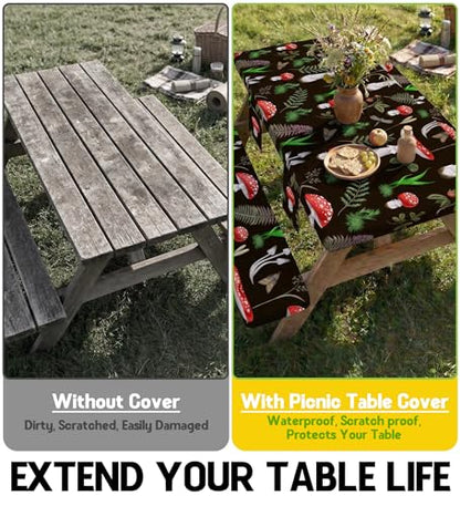 Fitted Picnic Table Cover with Bench Covers Vinyl Waterproof Elastic Edges Fitted Rectangle Table Cloth Patio Tablecloth Camping Essentials Rv Gear Accessories Road Trip Supplies Car Travel Must Have - color: Black Red Mushrooms, size: 96in