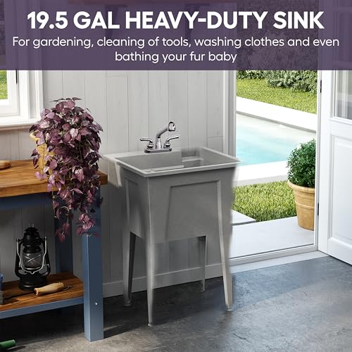 Freestanding Utility Sink with Two Handle Chrome Faucet - 24" Plastic Utility Sink for Garage, Laundry, Indoor and Oudoor Use - Laundry Tub Kit by Noah William Home - Grey (19.5 gal) - color: Grey - Two handle chrome faucet