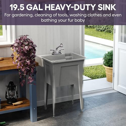 Freestanding Utility Sink with Two Handle Chrome Faucet - 24" Plastic Utility Sink for Garage, Laundry, Indoor and Oudoor Use - Laundry Tub Kit by Noah William Home - Grey (19.5 gal) - color: Grey - Two handle chrome faucet