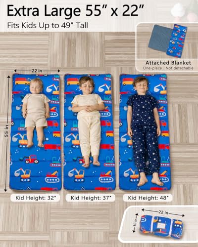 Primlect Thickened Toddler Nap Mat with Removable Pillow and Minky Blanket, Extra Large 55''x35'' Sleeping Bag, Washable, Roll up, Perfect for Daycare, Preschool, Kindergarten, Boys and Girls Blue Car - color: Blue Car