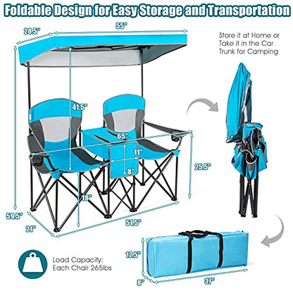S AFSTAR Double Camping Chair w/Shade Canopy, 2-Person Folding Camp and Beach Chair with Mini Table Beverage Cup Holder Carrying Bag, Collapsible Camping Chairs for Garden Patio Pool Beach - color: Blue