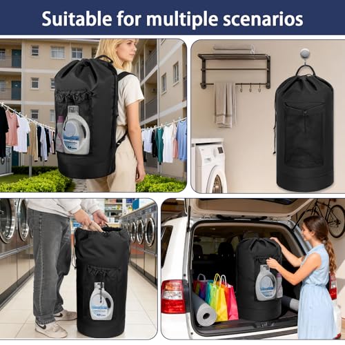 150L Laundry Bag Backpack with 3 Sizes Mesh Wash Bags and Shoulder Straps Foldable Clothes Hamper Bag with Drawstring Closure for College, Apartment, Laundromat（Black） - color: Black