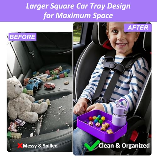 Car Seat Snack Tray for Kids, Mess-Free Square Travel Tray Cup Holder Snack Tray, Durable Car Food Tray for Toddlers, Universal Fit Kids Travel Road Trip Essentials (1, Purple) - color: purple