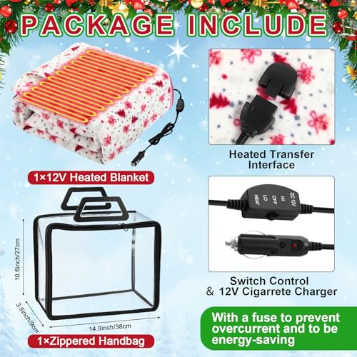 Tuanse 58 x 43 Inches 12 Volt Heated Car Blanket Plug in Portable Car Electric Blanket with Cigarette Lighter, Temperature Controller and Storage Bag for Rv Truck Traveling(Red,Christmas Tree)