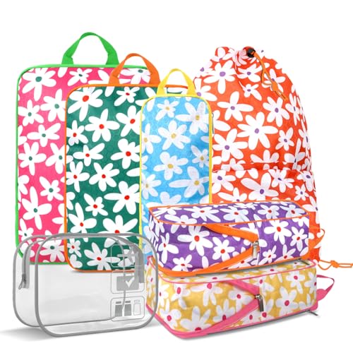 7 Piece Daisy Flower Compression Packing Cube Bundle - Slim Design Travel Organizers with Transparent Toiletry Bag - Multi-Size Luggage Organizer Essentials - color: Black-5
