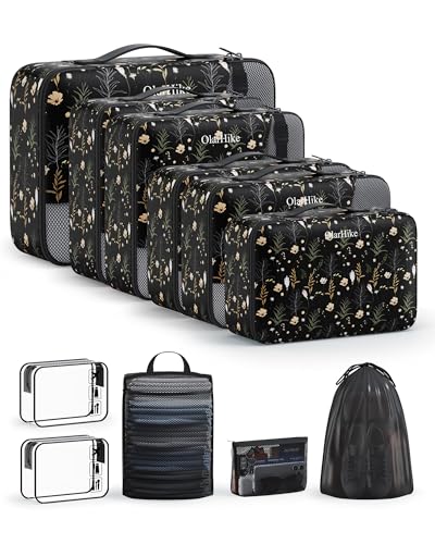 11 Set Packing Cubes for Travel, Gifts for Women Mom,Anti-Tearing Suitcase Organizer,OlarHike Vacation Essentials & Accessories for Cruise Ship - color: 14 Black Flower
