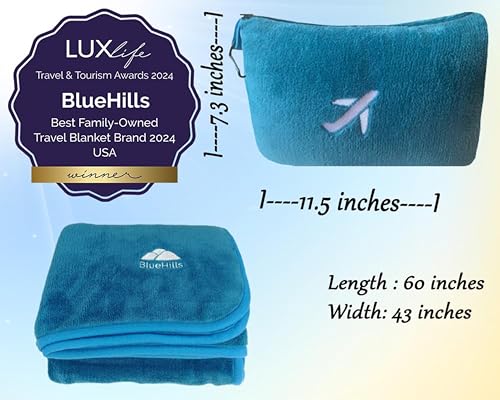 BlueHills Travel Blanket Pillow in Mini Soft Case Premium Plush Airplane Blanket in Soft Bag Compact Pack with Luggage Belt and Backpack Clip Airline Car 2 in 1 Traveler Essentials - Teal Blue M03 - color: Teal-m03