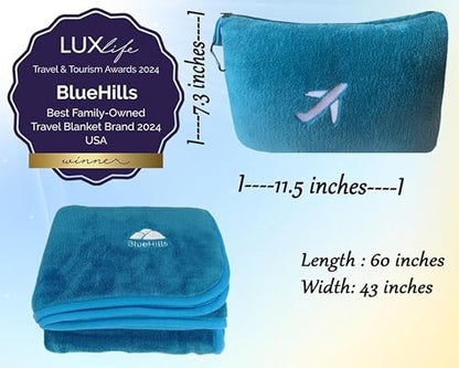 BlueHills Travel Blanket Pillow in Mini Soft Case Premium Plush Airplane Blanket in Soft Bag Compact Pack with Luggage Belt and Backpack Clip Airline Car 2 in 1 Traveler Essentials - Teal Blue M03 - color: Teal-m03