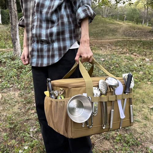 Tactical Camping Storage Bag 28L Tactical Utility Tote Bag Camping Cookware Organizer Trunk Organizer - color: Khaki