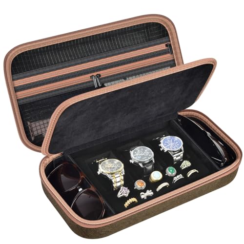 Jewelry Box Watch Case Organizer for Men and Women - Travel Display Boxes Storage with 3 Watch Compartments, 2 Glasses Slots, 10 Ring Holders, Mesh Pouch for Necklaces Bracelets- Brown (Holder Only) - color: Brown
