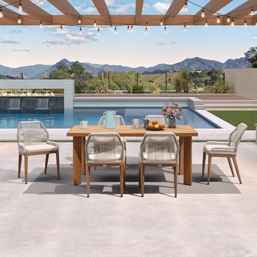 PURPLE LEAF 7 Pieces Dining Set Patio Metal Rectangular Table and Wicker Rattan Chairs for Outside Porch Garden Kitchen Modern Outdoor Furniture Sets - color: Deep Teak, size: 7 PCS, style: Rectangular