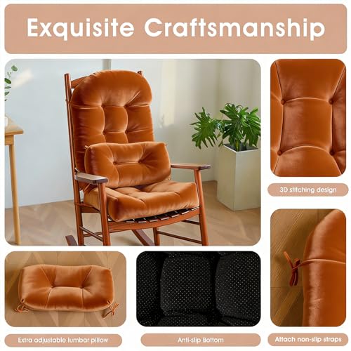Rocking Chair Cushion Indoor Large Chair Pads Set with Ties Extra Lumbar Pillow Premium Dutch Velvet High Resilience Filler Non-Slip Bottom, Orange