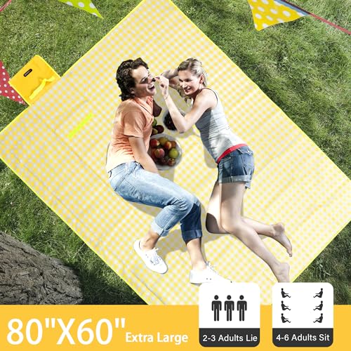 HX&OD Picnic Blanket Outdoor Extra Large Picnic Mat 80"X60" Camping Blanket Beach Blanket Foldable Waterproof Sand Mat Hiking Travel Family Concerts(Yellow) - color: Yellow, size: 80”x 60”