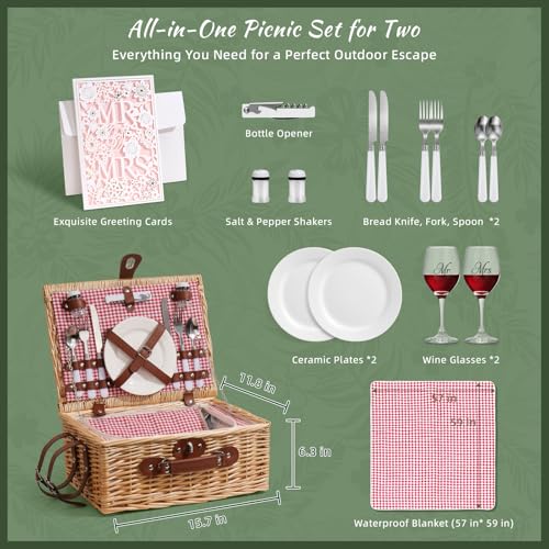 Picnic Basket for 2 with Lid and Handle Waterproof Picnic Blanket, Wicker Picnic Set Kit with Cooler for Beach, Insulated Picnic Baskets, Bridal Shower Gift Wedding Gifts with Mr Mrs Wine Glasses - color: Wedding Gift Style Red and White