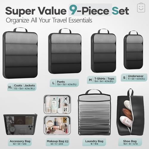 Veken 9/11 Set Compression Packing Cubes for Travel Essentials,Compressible Expandable Large Luggage Suitcase Organizer Bags for Clothing,Durable Space Saver Storage Bags with Toiletry Bags(Black) - color: Black, size: 9 set