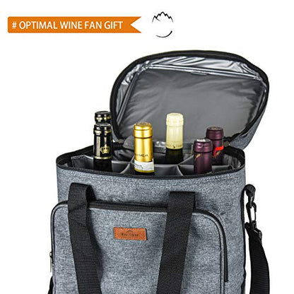 Freshore® Insulated Wine Carrier 6 Bottle Bag Tote Removable Padded Divider Cooler - Portable Travel Carrying Canvas Case Adjustable Shoulder Strap - (Space Grey)