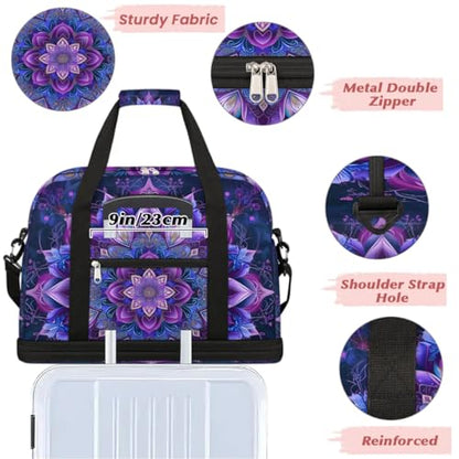 Travel Duffle Bags With Shoes Compartment for Women Men Purple Mandala Lightweigh Sports Tote Gym Bag Boho Flower Foldable Canvas Weekender Overnight Carry On Luggage Handle Bag - color: B03:Purple Mandala