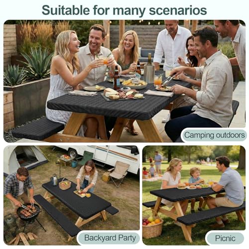 Picnic Table Cover with Bench Covers Camping Essentials Waterproof Windproof Camping Tablecloth with Drawstring Bag, Fitted Rectangle Tables and Seats, 96in, Black - color: Black, size: 96in