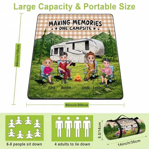 Personalized Waterproof Sandproof Beach Blanket 80''x80'', 3-Layer Foldable Picnic Blanket with Carry Strap, Camping Travel Outdoor Mat for Beach Park Hiking (Family Camping) - color: Family Camping