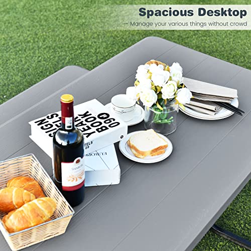 S AFSTAR Picnic Table Bench Set, 59” Expanded Rectangular Picnic Table, Outdoor Table and Bench with Steel Frame & Wood-Like Texture Tabletop, Camping Table Chair Set for Garden Lawn Deck (Gray) - color: Grey
