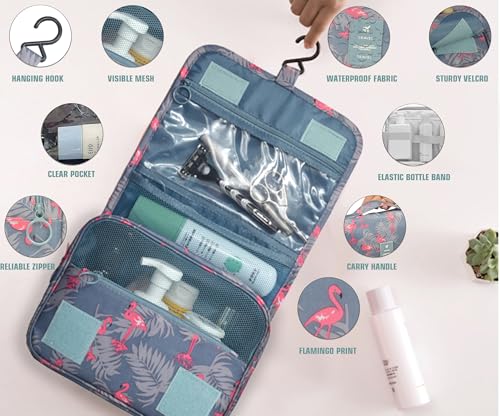 L & FY Hanging Travel Toiletry Bag Women's Cosmetic Organizer Makeup Pouch Men's Shaving Kits With Handle (Pink Flamingo) - color: Pink Flamingo, size: Compact Size