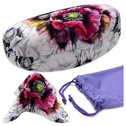 MyEyeglassCase® Large Hard Sunglasses Case | fits Large curved Sunglasses, with microfiber bag and cleaning cloth - color: As413 Poppy