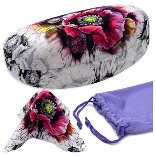 MyEyeglassCase® Large Hard Sunglasses Case | fits Large curved Sunglasses, with microfiber bag and cleaning cloth - color: As413 Poppy